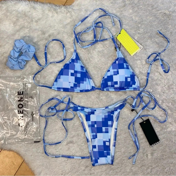 NWT OneOne Swimwear Bikini SET Blue Pixel Plunge Ariel Medium XS Triangle NEW - Picture 6 of 11